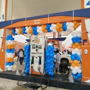 Petrol Pump Grand Opening Balloon Decor – Tricolor Corporate Theme