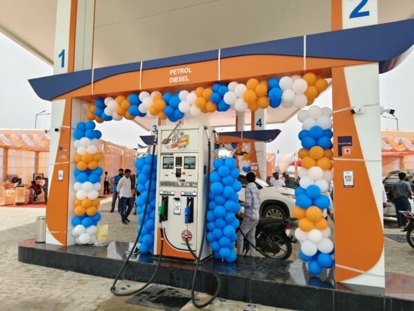 Petrol Pump Grand Opening Balloon Decor – Tricolor Corporate Theme