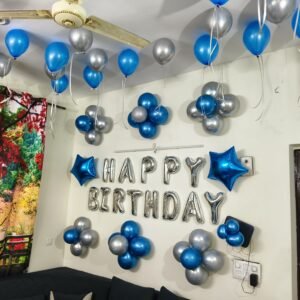 Chic Blue & Silver Room Birthday Decor – Elegant Wall & Ceiling Balloons