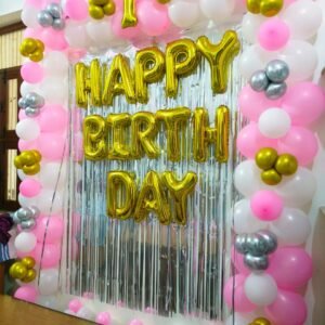 Elegant 1st Birthday Balloon Decor – Pink, White & Gold Theme