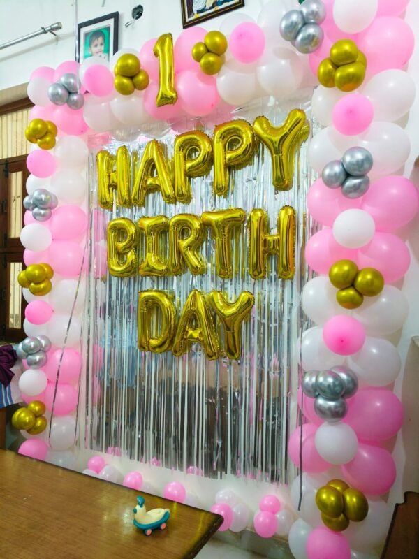 Elegant 1st Birthday Balloon Decor – Pink, White & Gold Theme